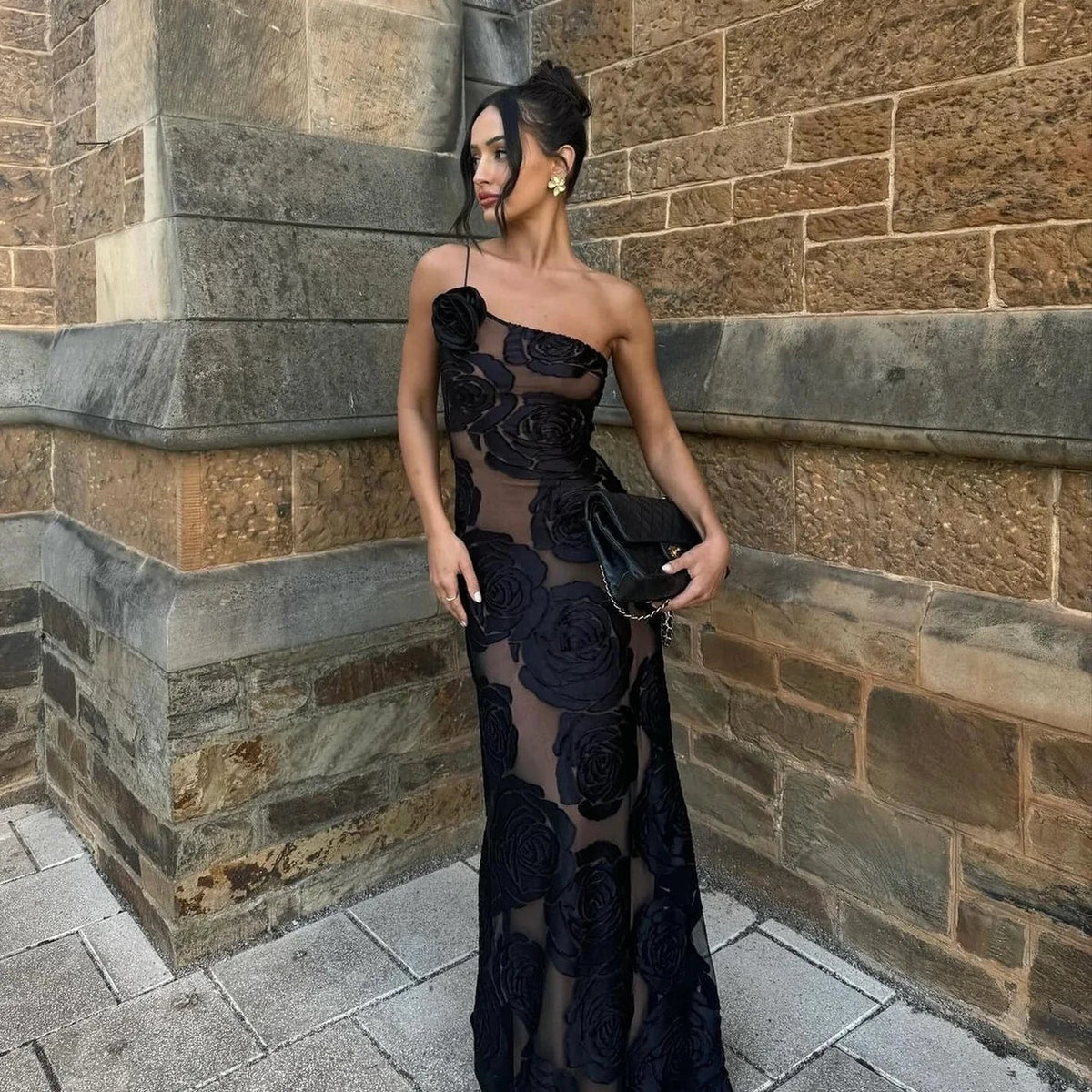One Shoulder Mesh Flower Floral Dress - View 2