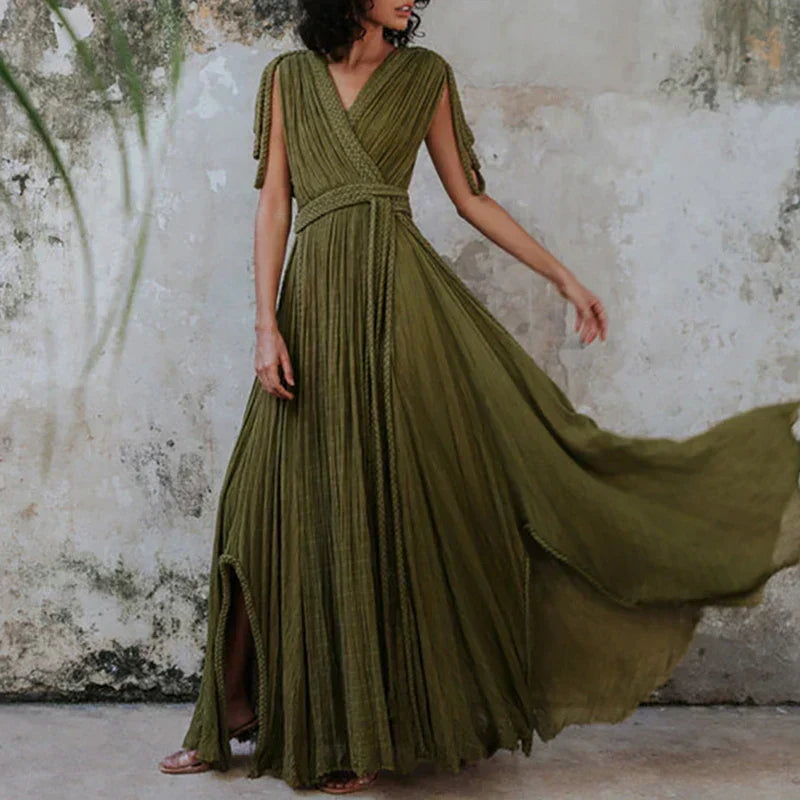 Braided Rope Trim One Shoulder Belted High Split Maxi Dress - View 11