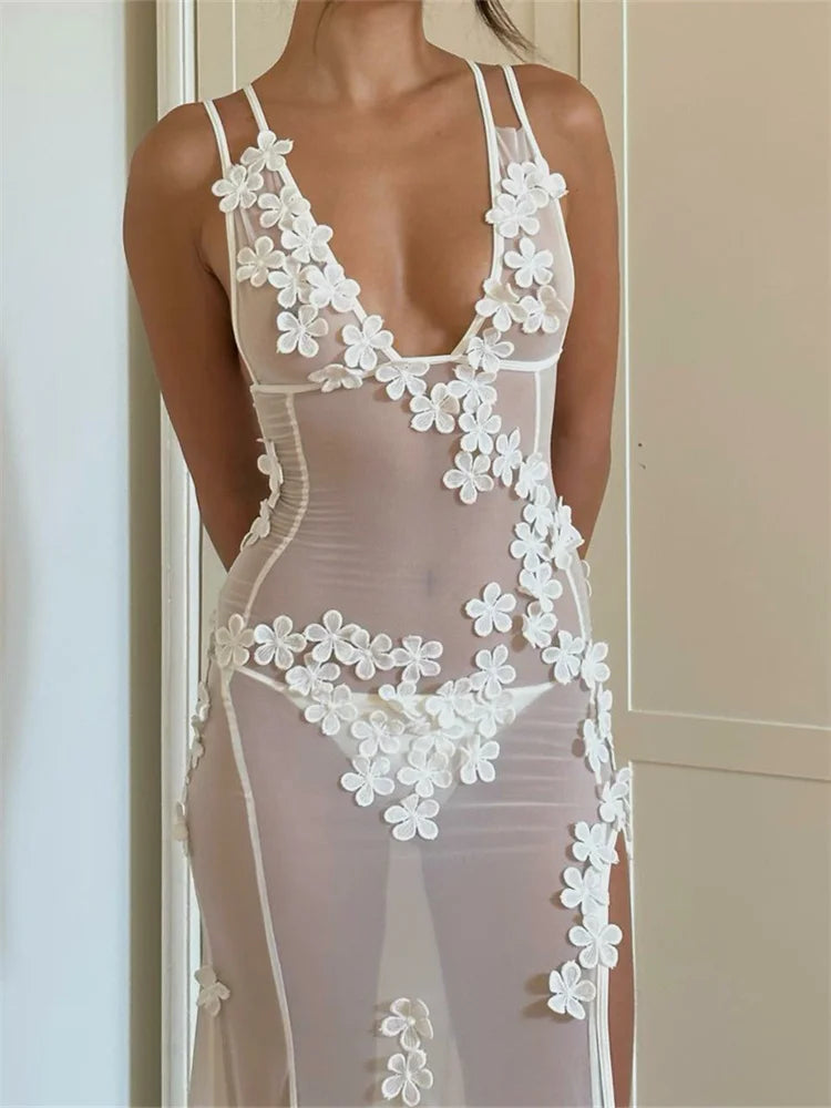 Mesh Strap Split Backless Floral Dress - View 2