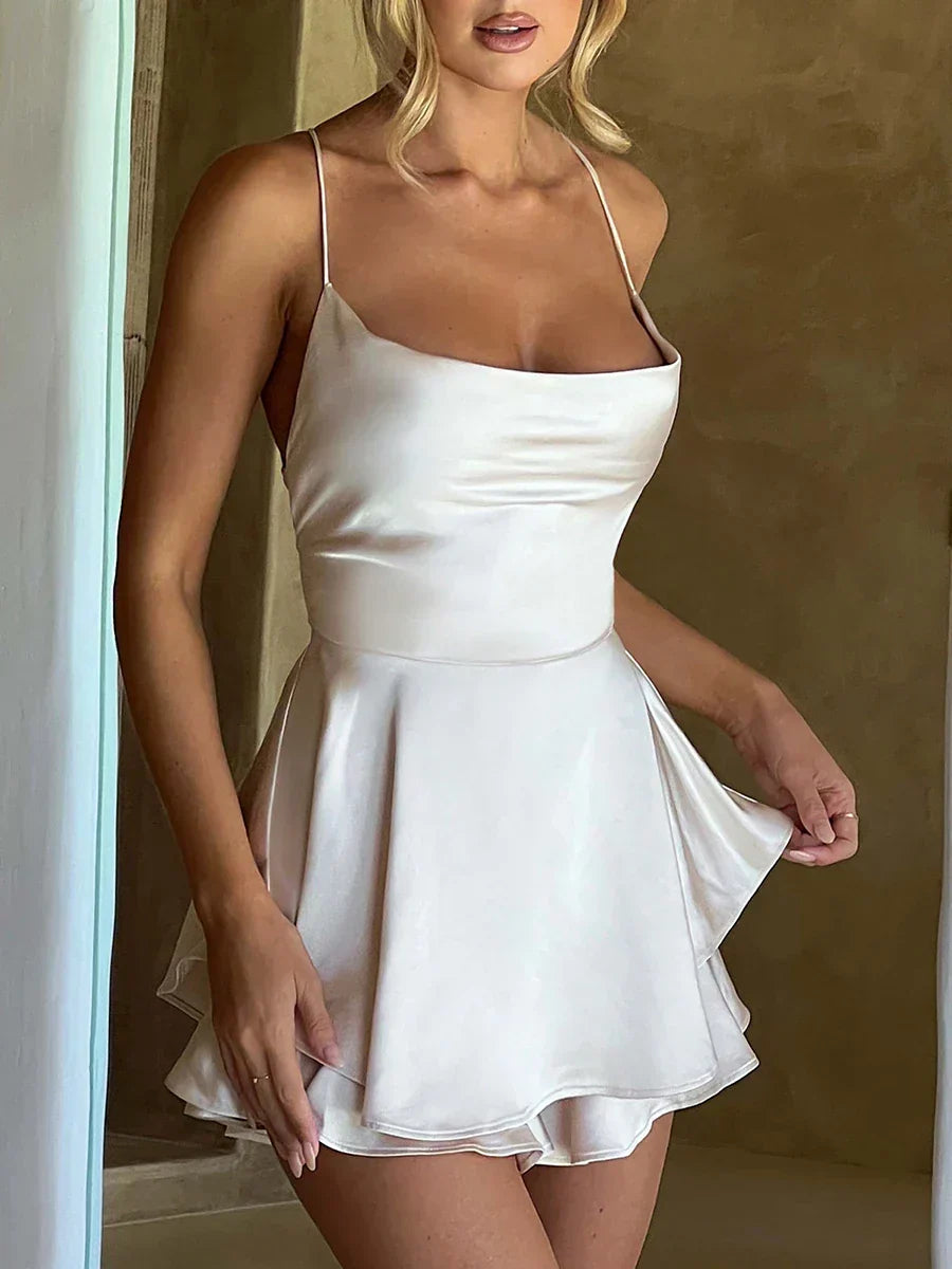 Satin Cowl Neck Tie Back Romper Mini Dress