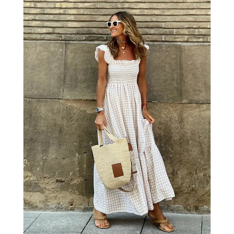 Gingham Square Neck Smocked Ruffle Strap Tiered Maxi Dress 5