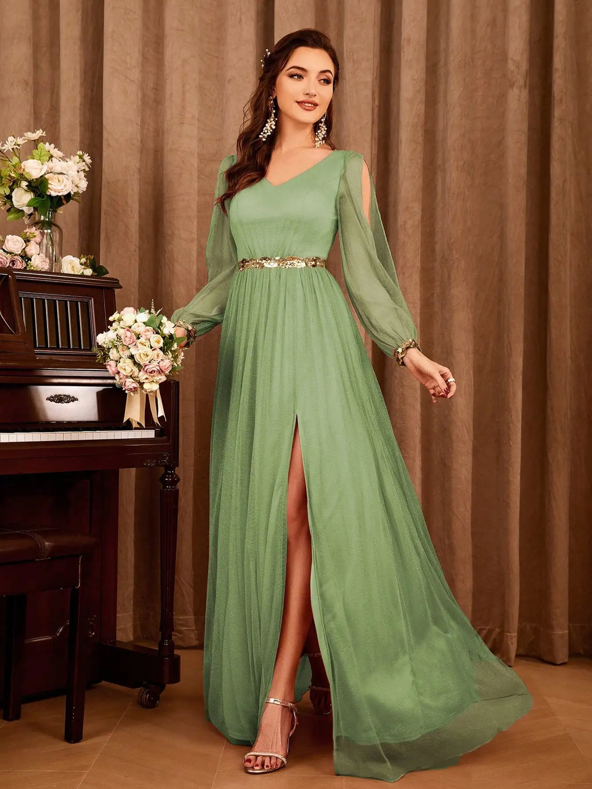 Gauze Applique Slit V-neck Maxi Dress