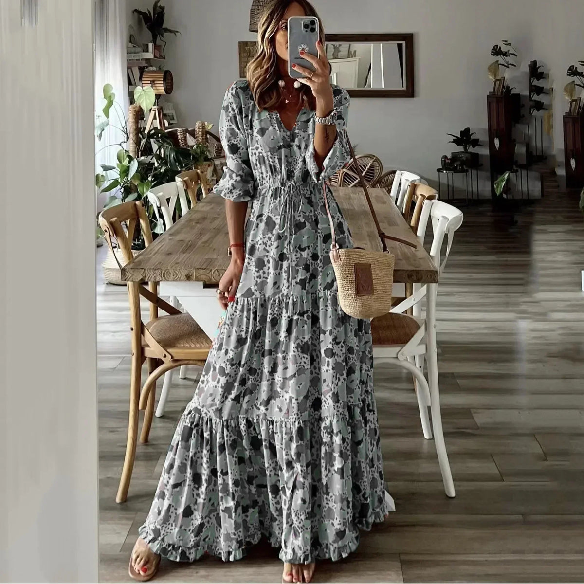 Printed Lace Up Swing Maxi Dress