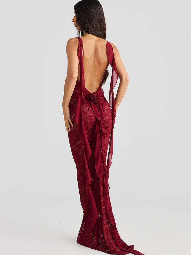 Floral Lace Backless Open Back Rosette Draped Train Maxi Gown - View 2