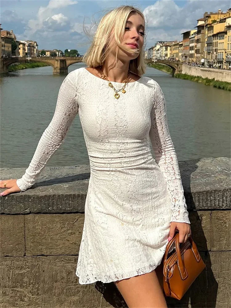 White Lace Sheer High Waist Party Mini Dress