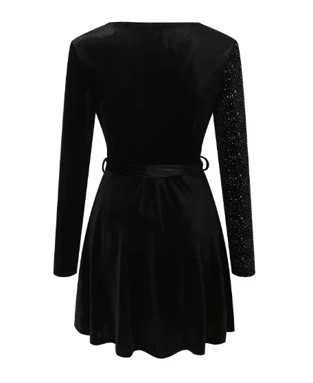 Glitter V-Neck Long Sleeve Tie Waist Velvet A-Line Mini Dress 3
