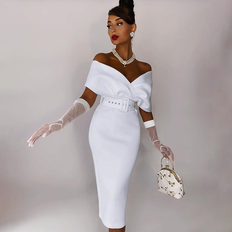 Satin Deep V-Neck Batwing Sleeve Belted Bodycon Midi Dress - View 14