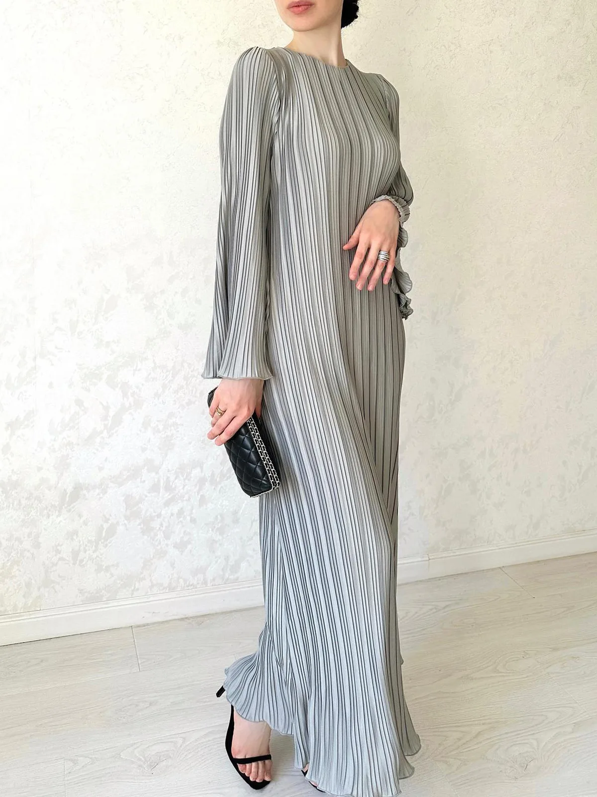 Plissé Pleated Long Sleeve Ruffle Cuff High Neck Bodycon Maxi Dress - View 5