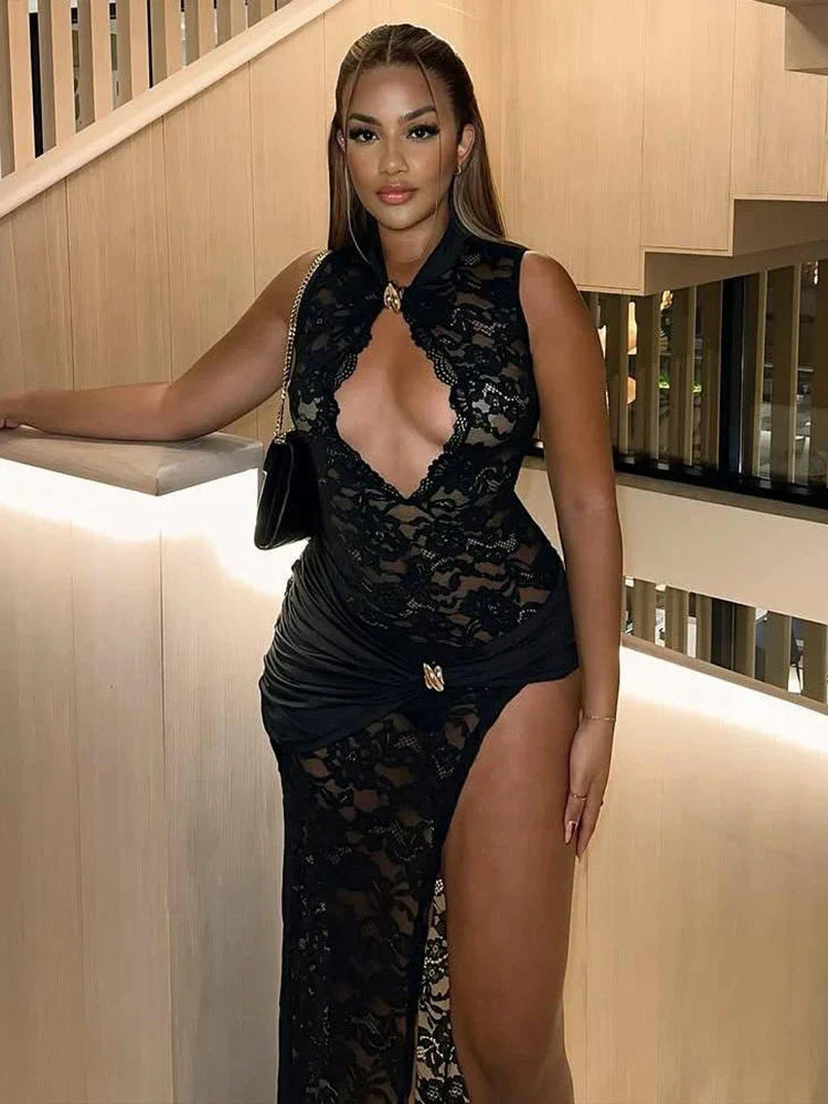 Sheer Floral Lace Stand Collar Keyhole Cut Out Bodycon Maxi Gown - View 4