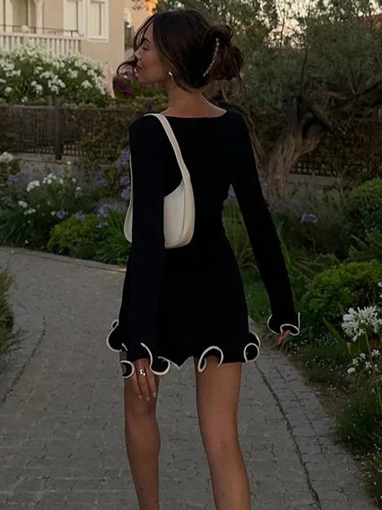 Boat Neck Long Sleeve Scallop Trim Ruffle Hem Bodycon Mini Dress - View 4