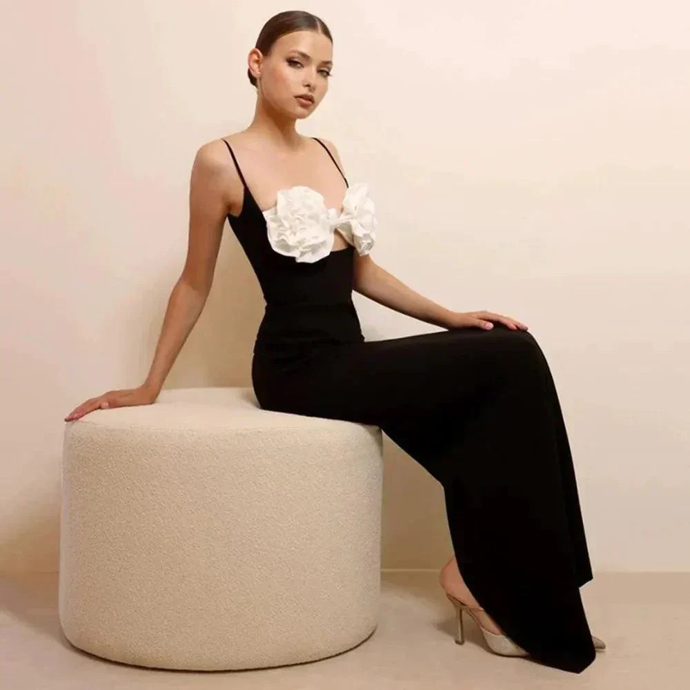 Spaghetti Strap 3D Floral Applique Bodycon Maxi Dress - View 8