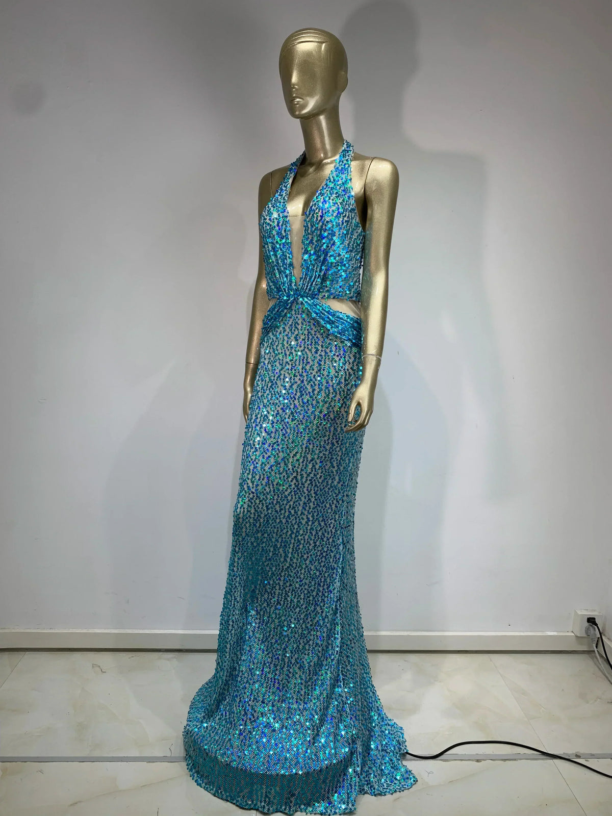 Sequin Halter Neck Deep V-Neck Cut Out Sheer Mermaid Gown - View 8