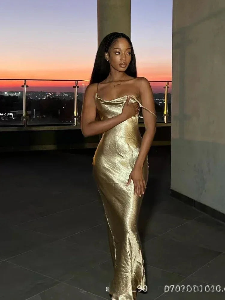 Elegant Satin Backless Spaghetti Strap Slip Dress