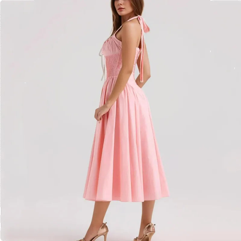 Halter Neck Corset Fit and Flare A-Line Midi Dress - View 7