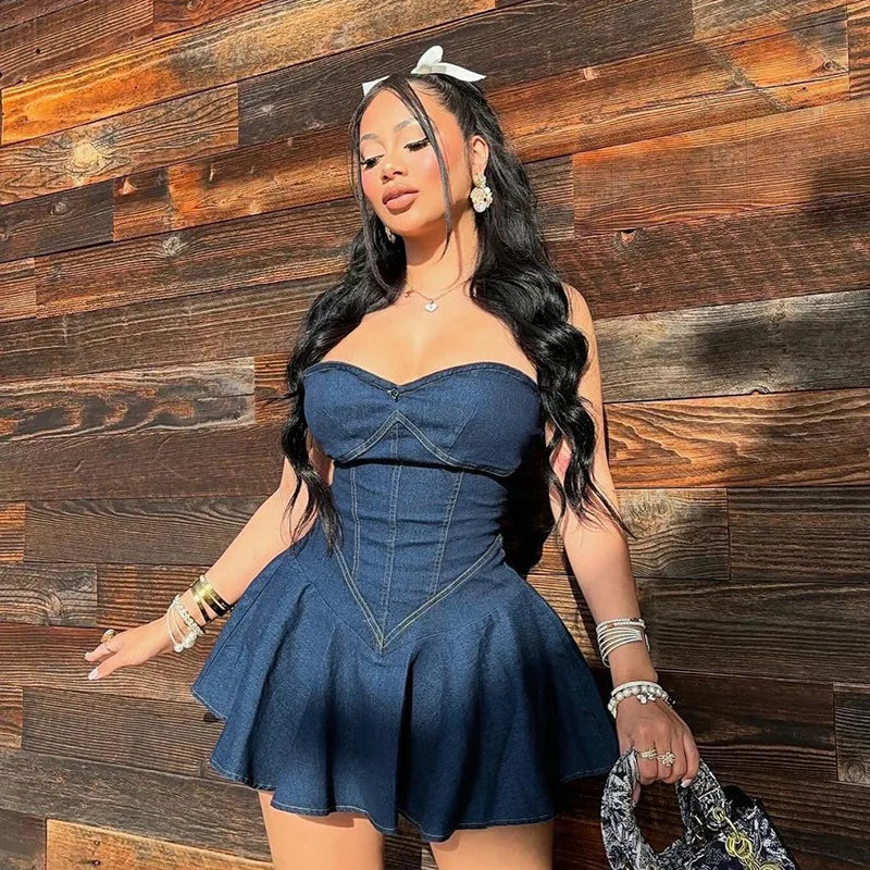 Strapless Denim Corset Sweetheart Pleated Ruffle Mini Dress - View 2