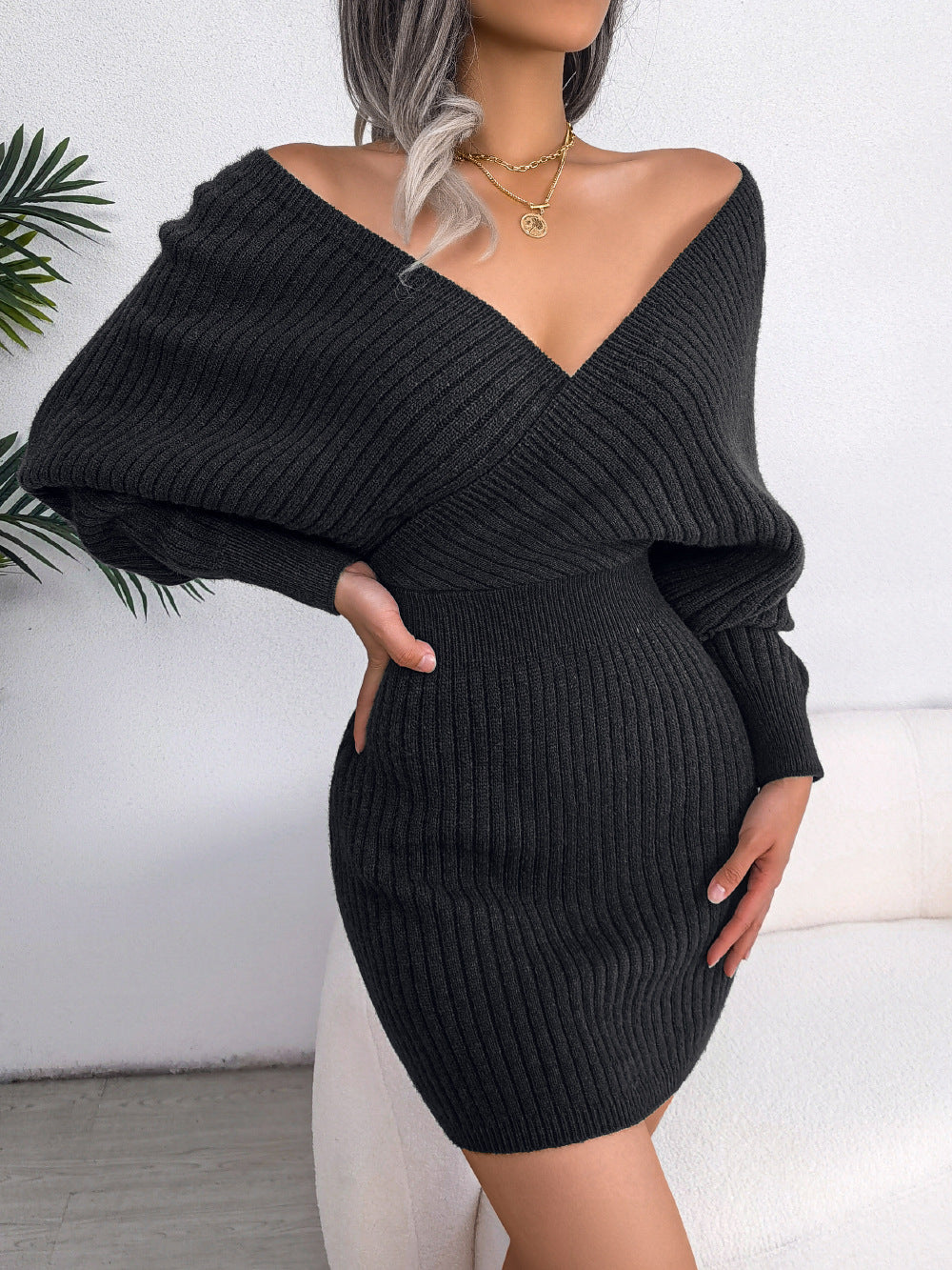 Knit Deep V-Neck Batwing Long Sleeve Bodycon Sweater Mini Dress - View 15