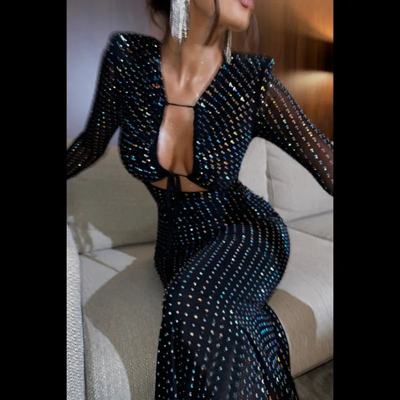 Rhinestone Mesh Long Sleeve Cut Out Bodycon Midi Dress 4