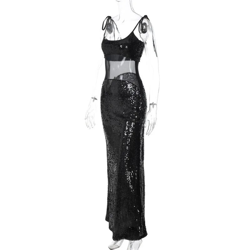 Sheer Mesh Spaghetti Strap Glitter Long Dress - View 13