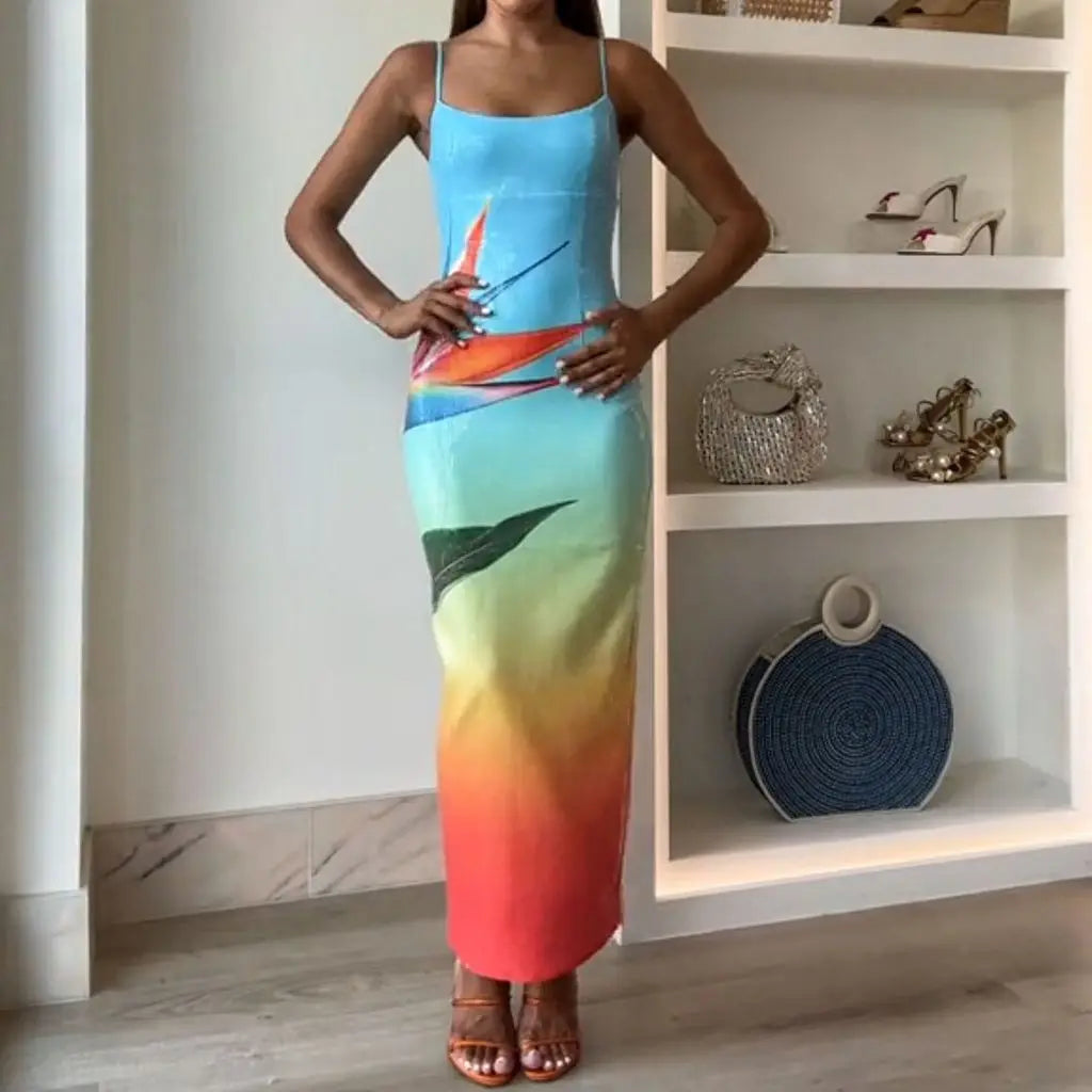Tropical Floral Print Spaghetti Strap Bodycon Maxi Dress - View 2
