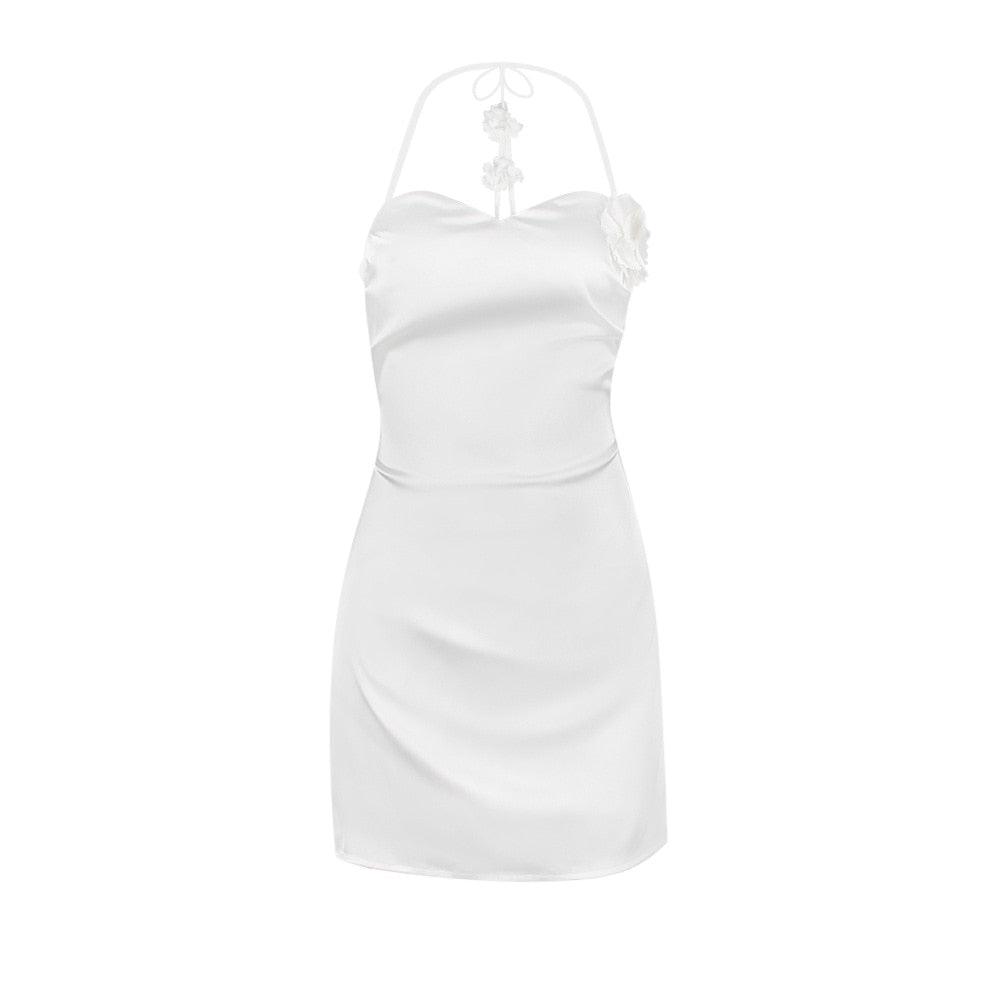 Satin Halter Neck Backless Floral Applique Mini Dress - View 8