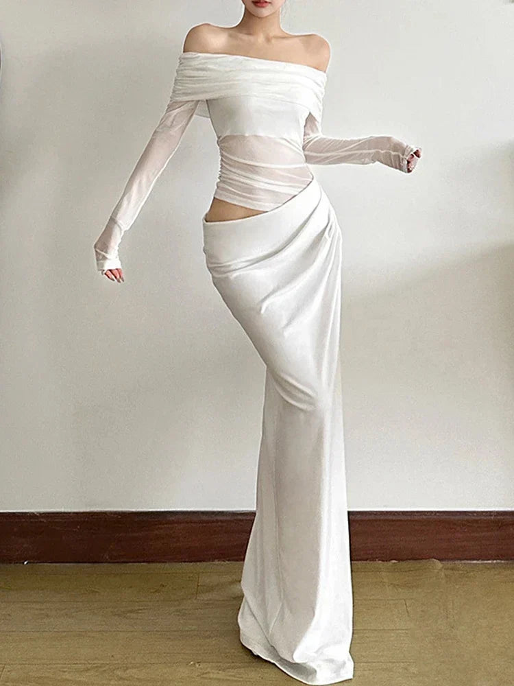 Mesh Slash Neck Patchwork Maxi Dress - View 2