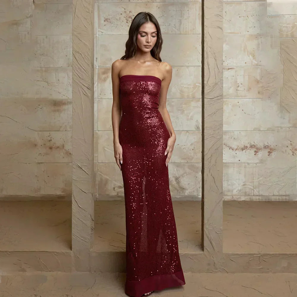 Strapless Sequin Slit Backless Dress - View 8