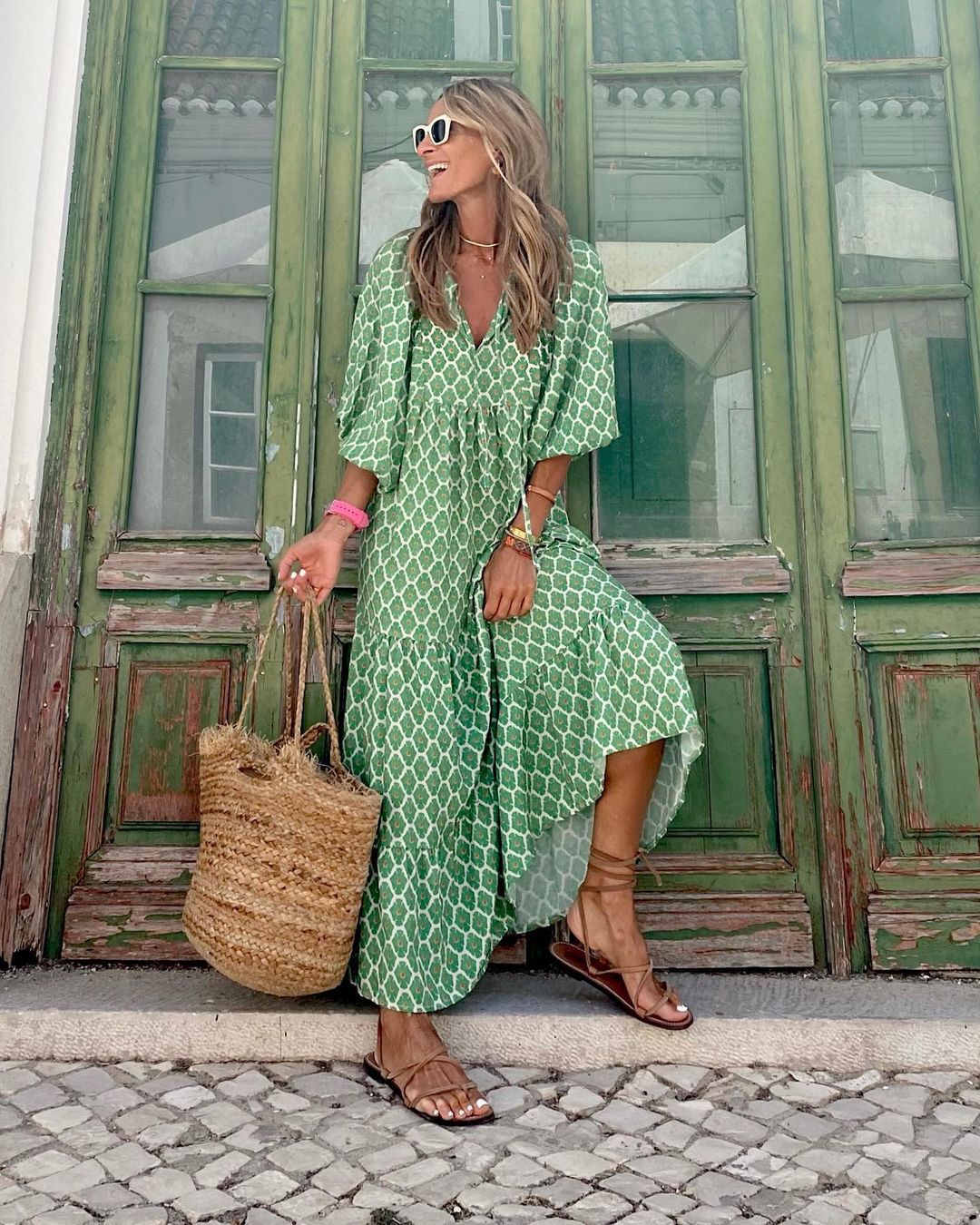 Puff Sleeve V-Neck Tie Front Tiered Maxi Summer Dress - View 5