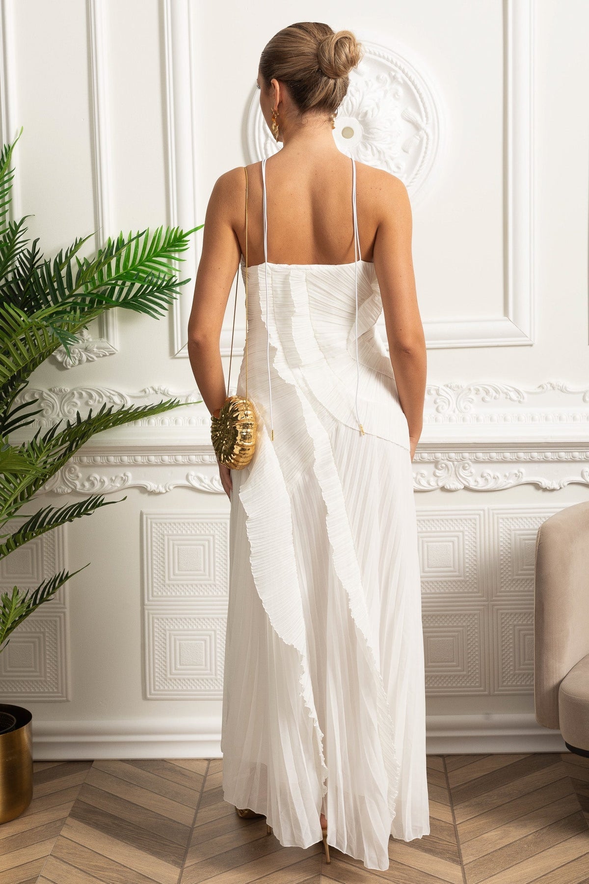 Pleated Halter Midi Dress With Cascading Ruffle Details - White - View 9