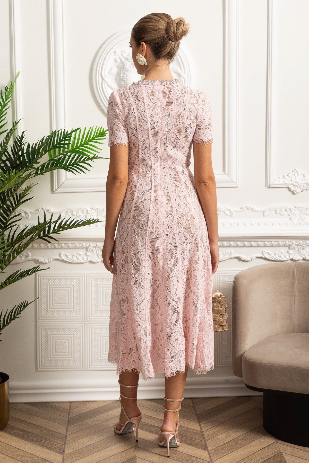 Lace Midi Dress with Crystal Embellished Collar - Pink - View 4