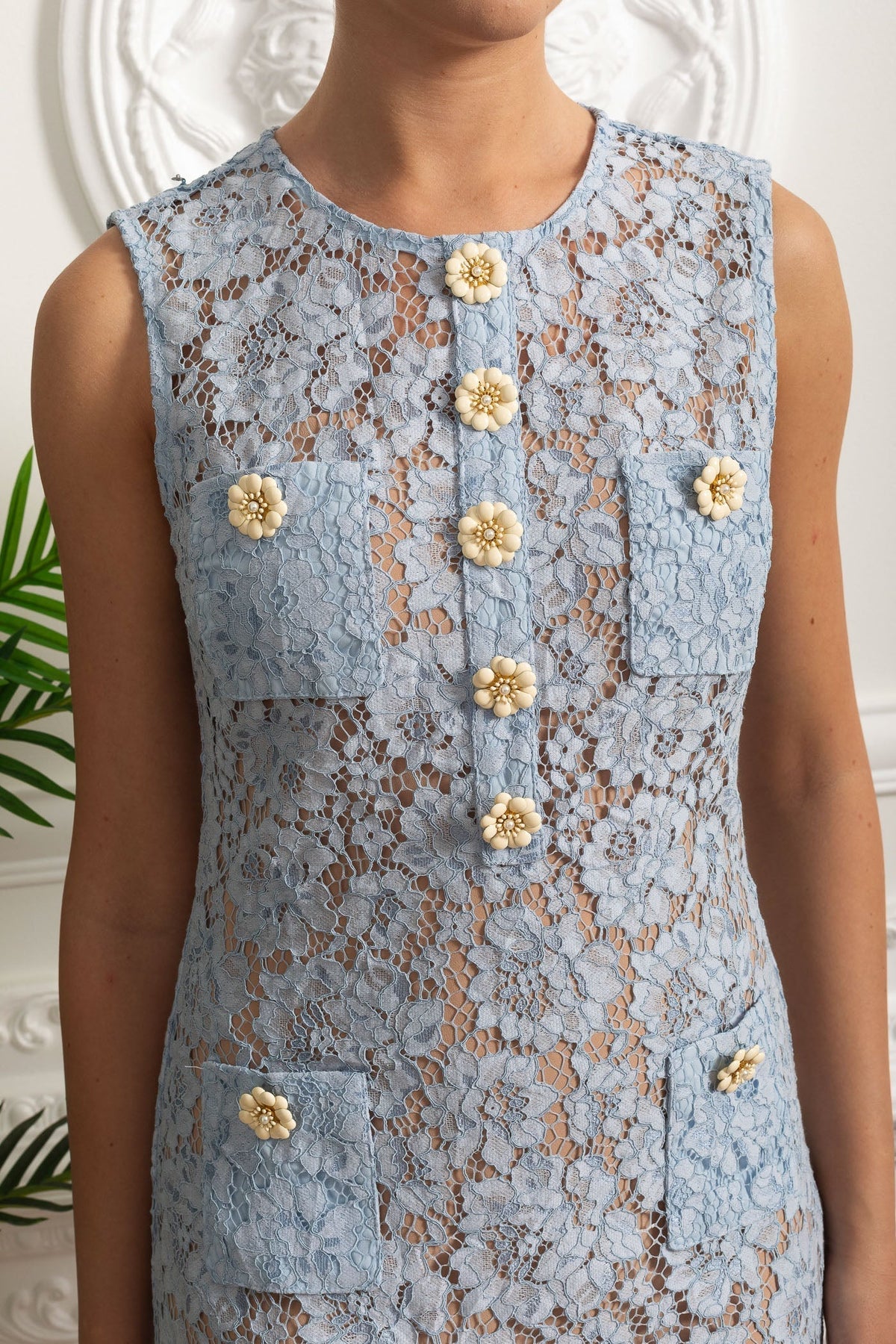 Sleeveless Lace Mini Dress With Decorative Buttons And Pockets - Blue - View 4