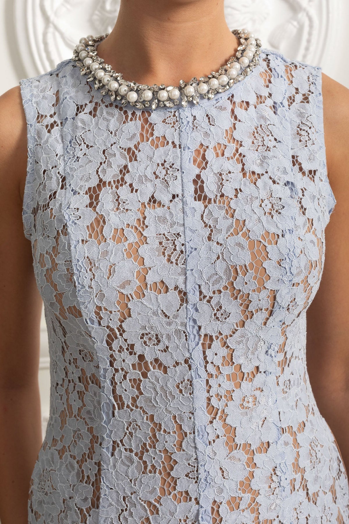 Sleeveless Lace Mini Dress with Scalloped Hem - Blue - View 5