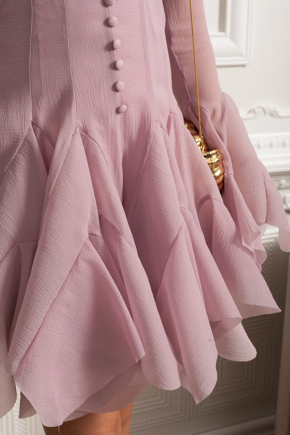 Sheer Sleeve Corset-Waist Ruffle Hem Mini Dress - Pink - View 3