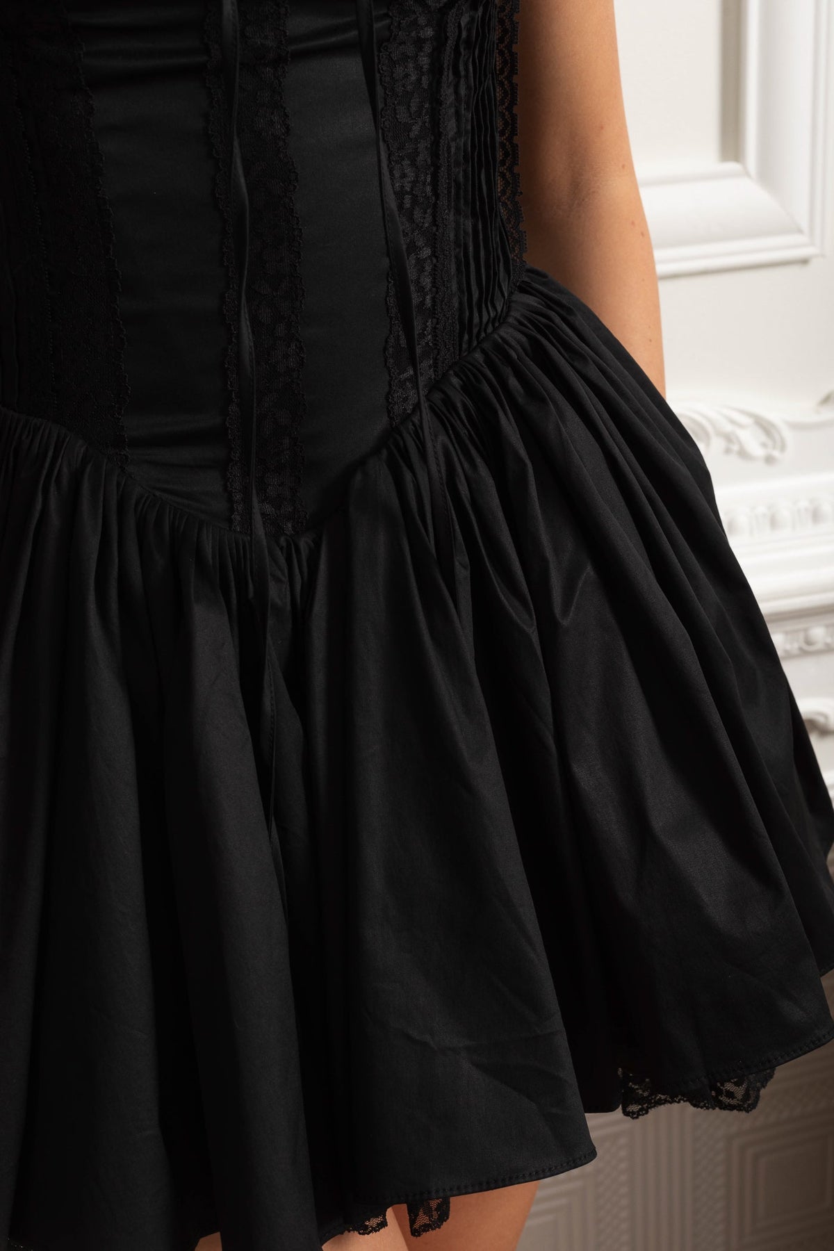 Bustier Dress with Lace-Up Back and Gathered Hem - Black - View 6