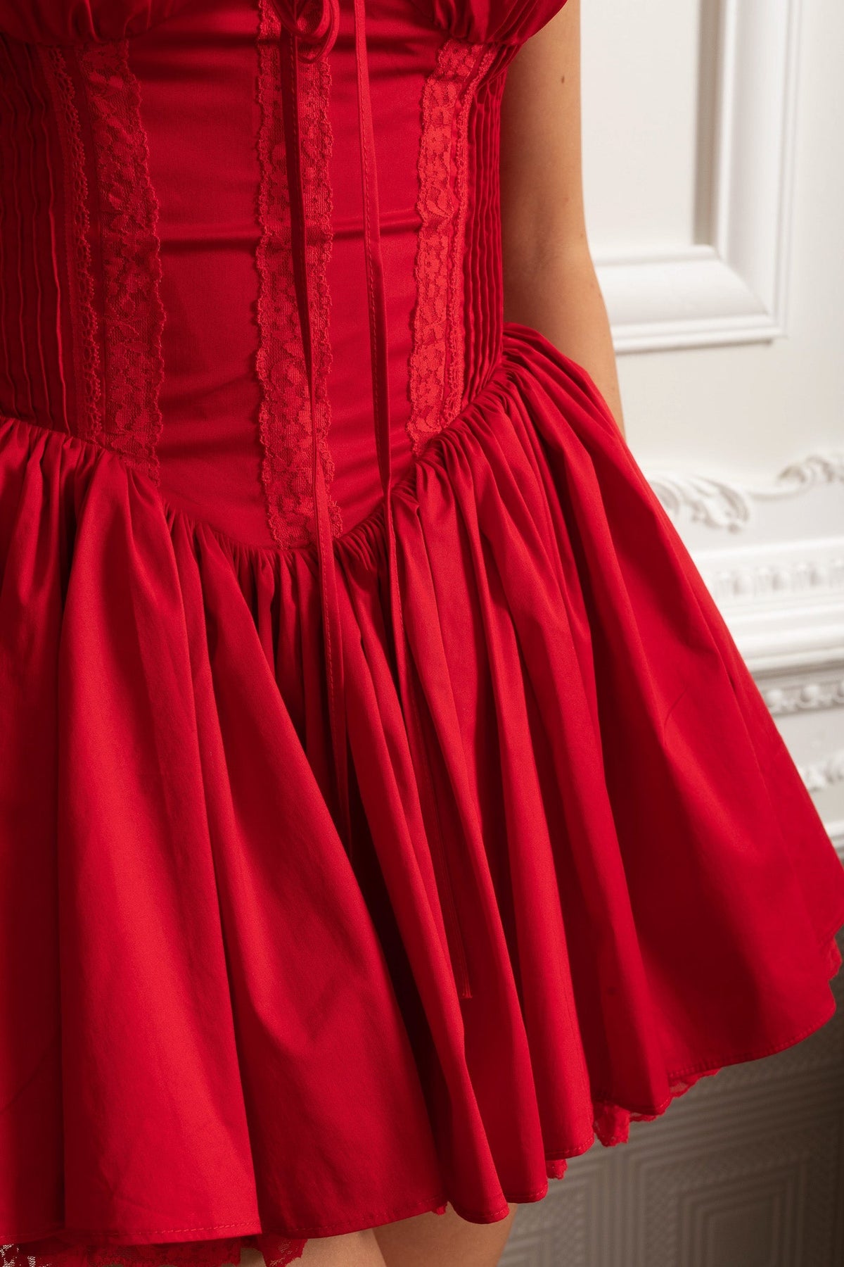 Bustier Dress with Lace-Up Back and Gathered Hem - Red - View 8