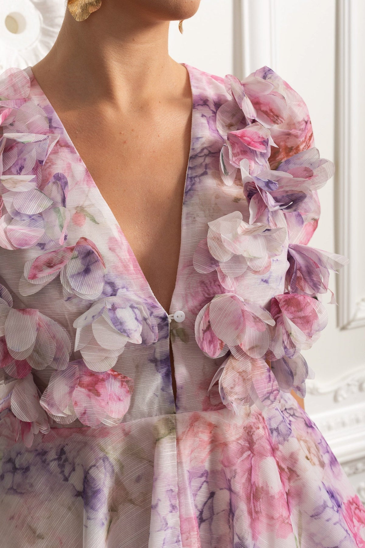 3D Floral Appliqué Puff Sleeve Mini Dress - Pink - View 6