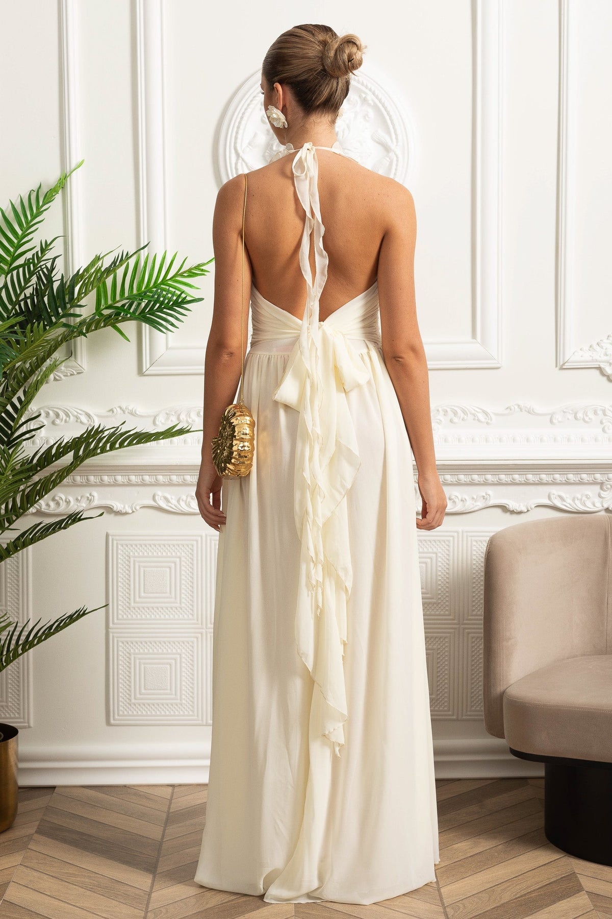 Ruffled Halter Maxi Dress with Rosette Tie Detail - Ivoire - View 7