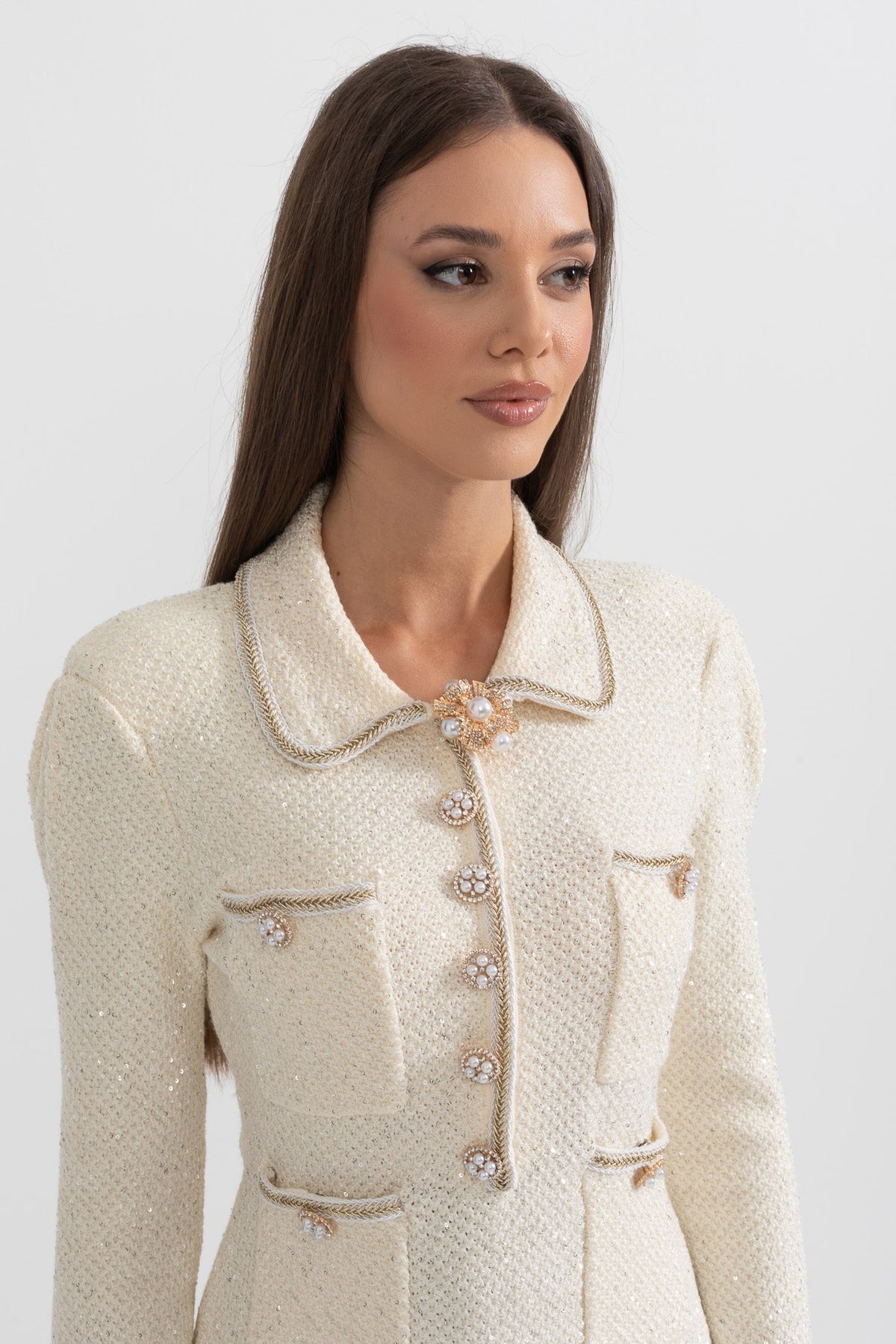 Tweed Pearl Collar Metallic Button Patch Pocket Ruffle Hem Long Sleeve Mini Dress - View 6