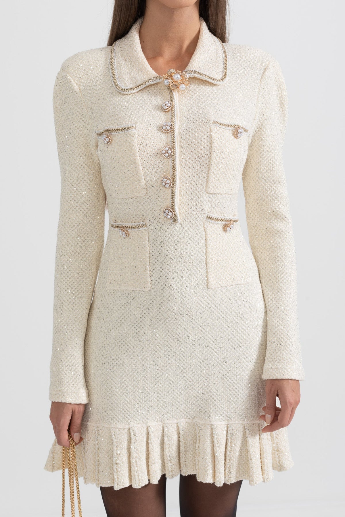 Tweed Pearl Collar Metallic Button Patch Pocket Ruffle Hem Long Sleeve Mini Dress - View 8