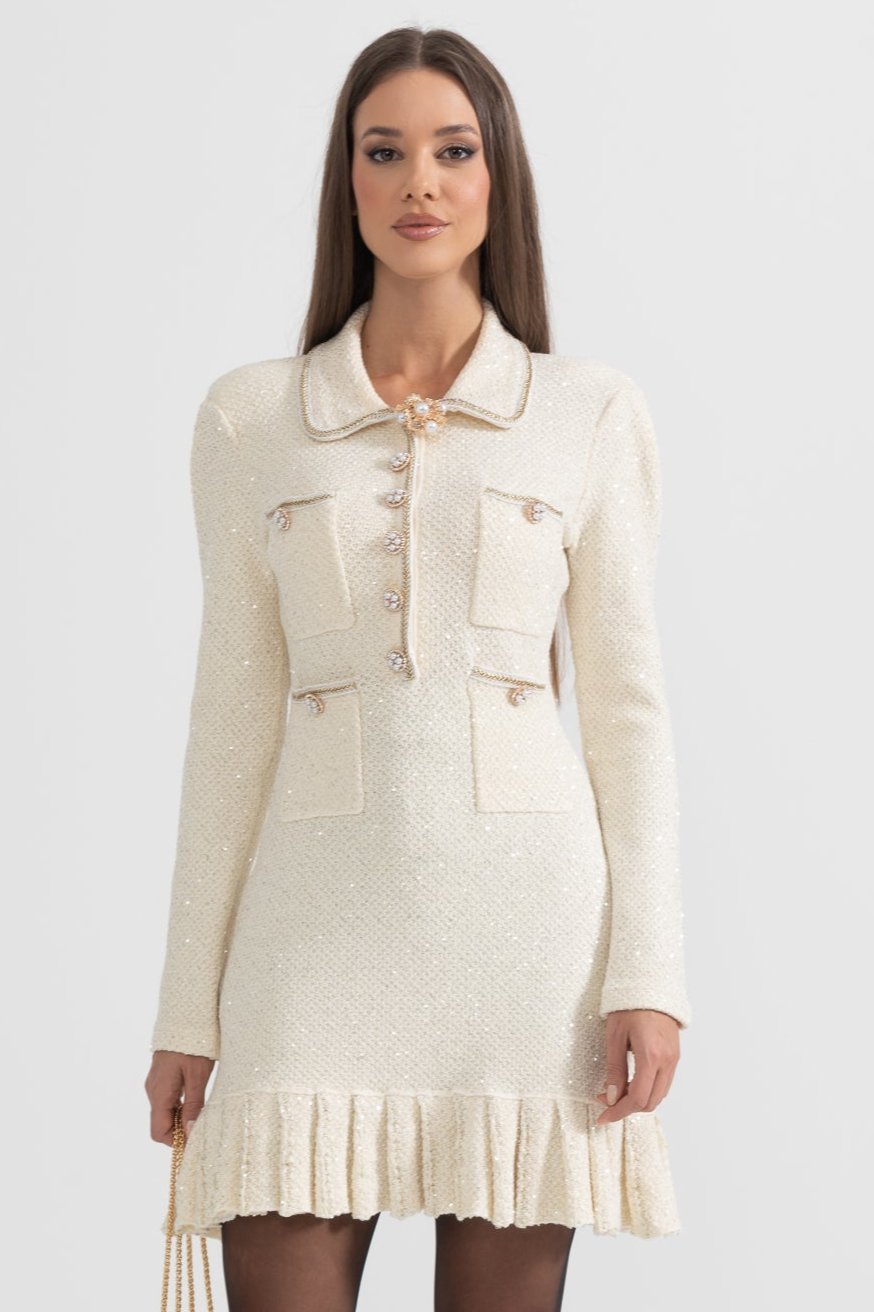 Tweed Pearl Collar Metallic Button Patch Pocket Ruffle Hem Long Sleeve Mini Dress