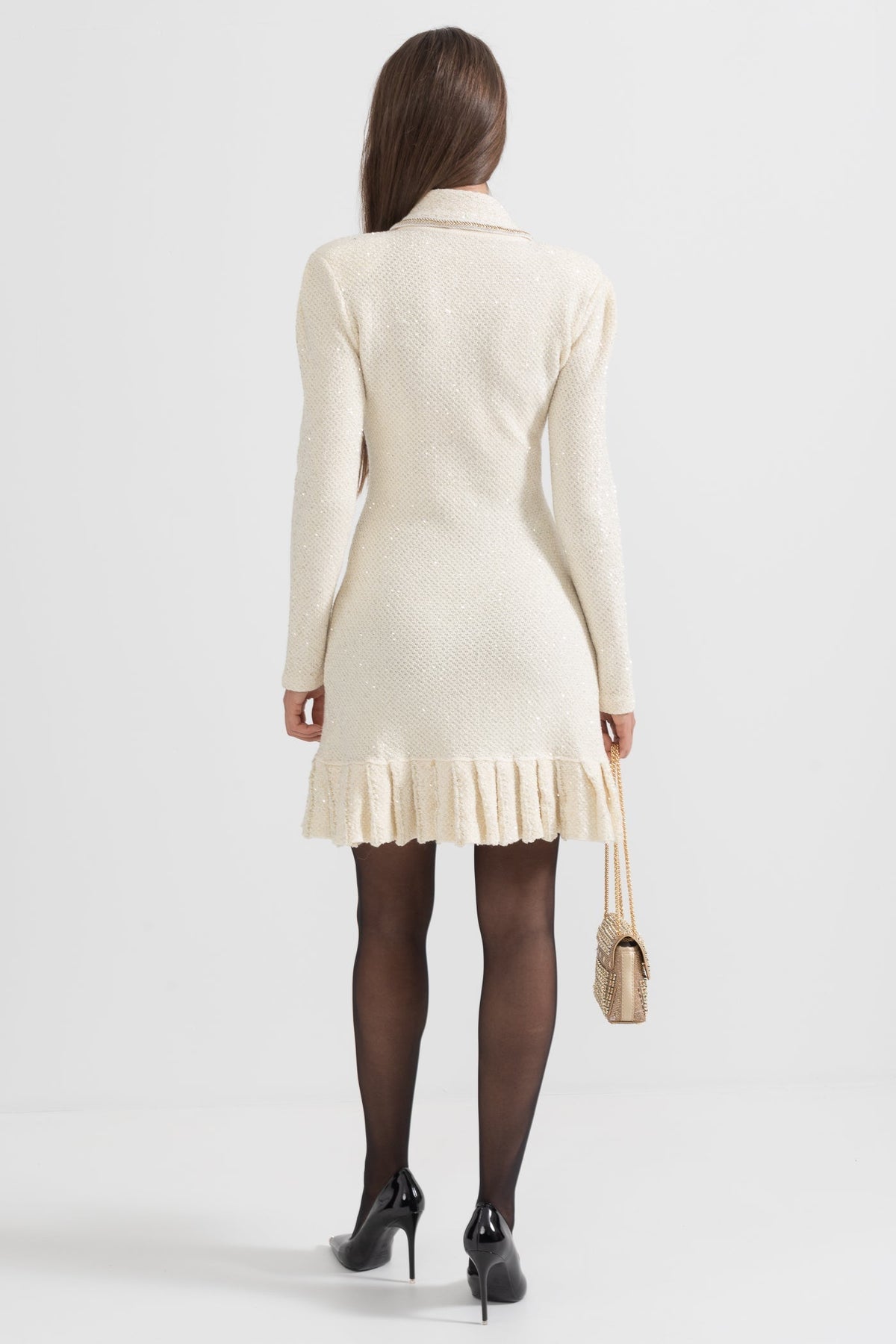 Tweed Pearl Collar Metallic Button Patch Pocket Ruffle Hem Long Sleeve Mini Dress - View 9