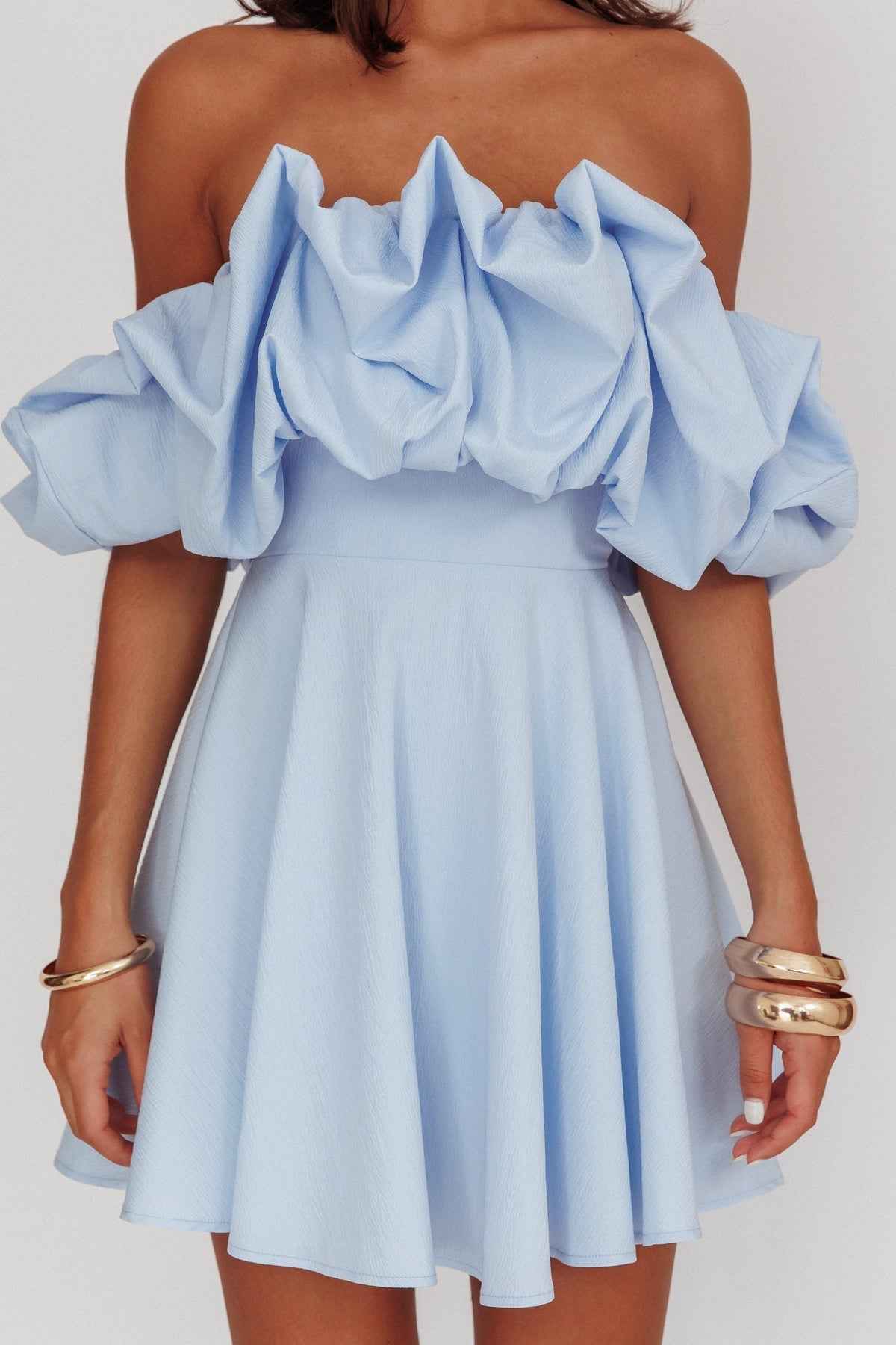 Off Shoulder Puff Sleeve Ruffle Fit and Flare Mini Dress 4