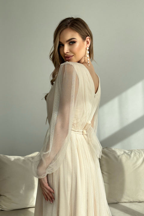 Tulle Long Sleeve V Back A-Line Maxi Dress