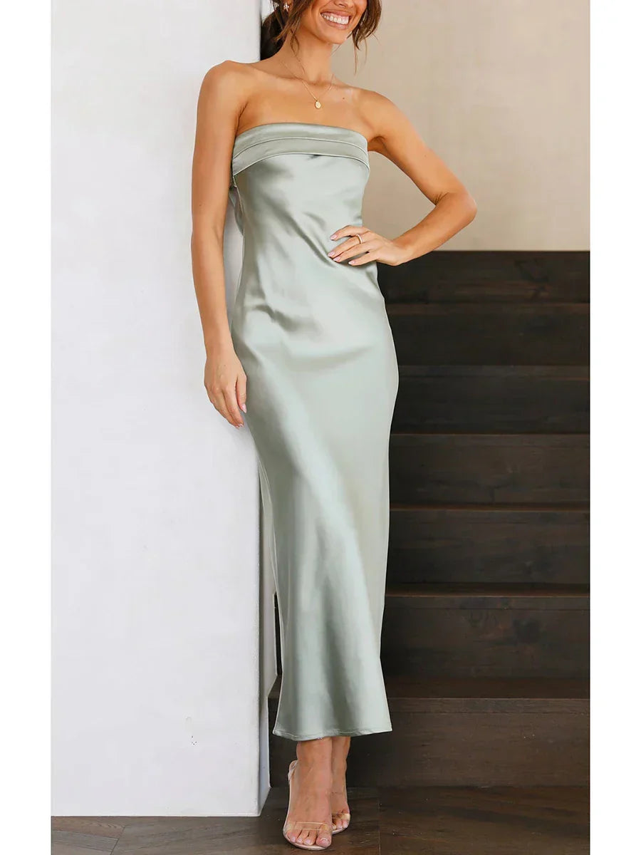 Satin Strapless Fold Over Bust Column Slip Maxi Dress - View 8