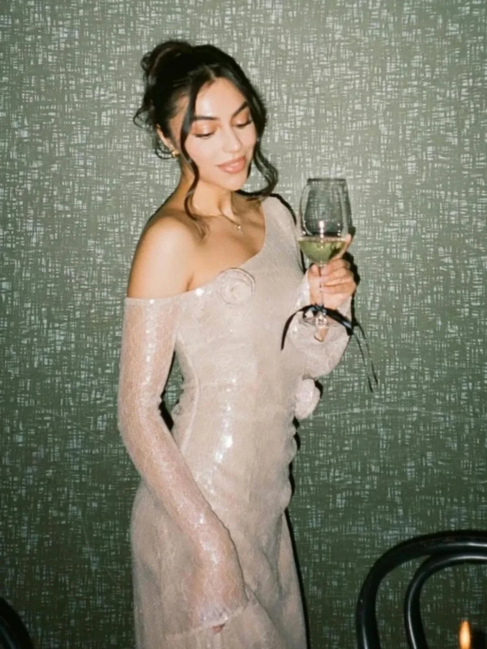 Sequin One Shoulder Long Sleeve 3D Floral Bodycon Maxi Dress - View 4