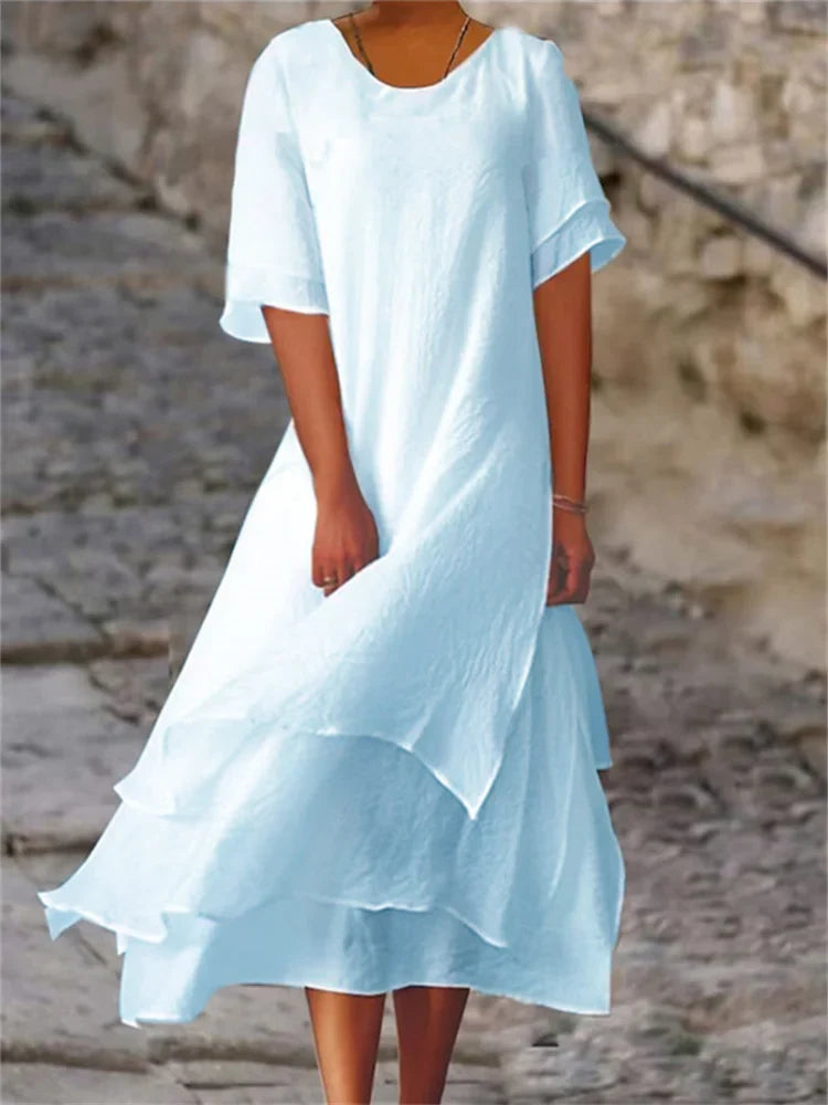 Short Sleeve Round Neck Asymmetrical Tiered Layered Midi Dress - View 4