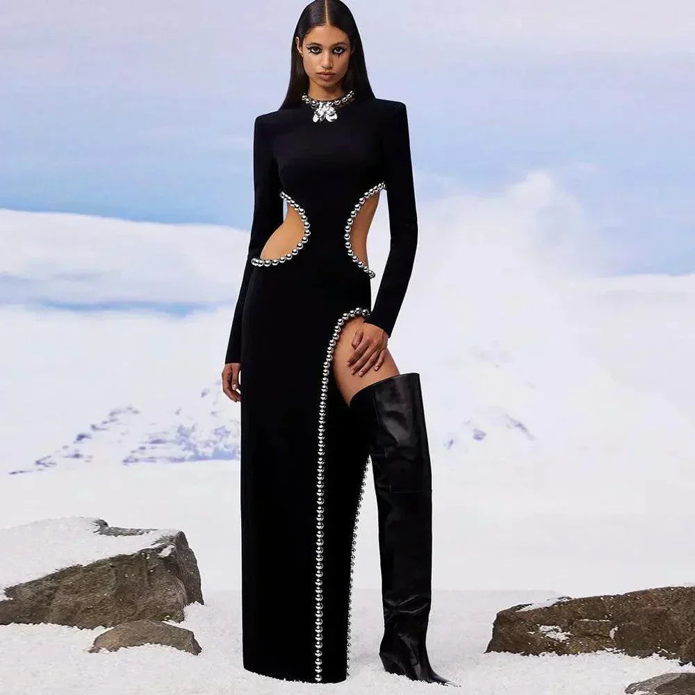 Cut Out Long Sleeve Beaded Trim High Split Bodycon Maxi Cocktail Dress - View 9