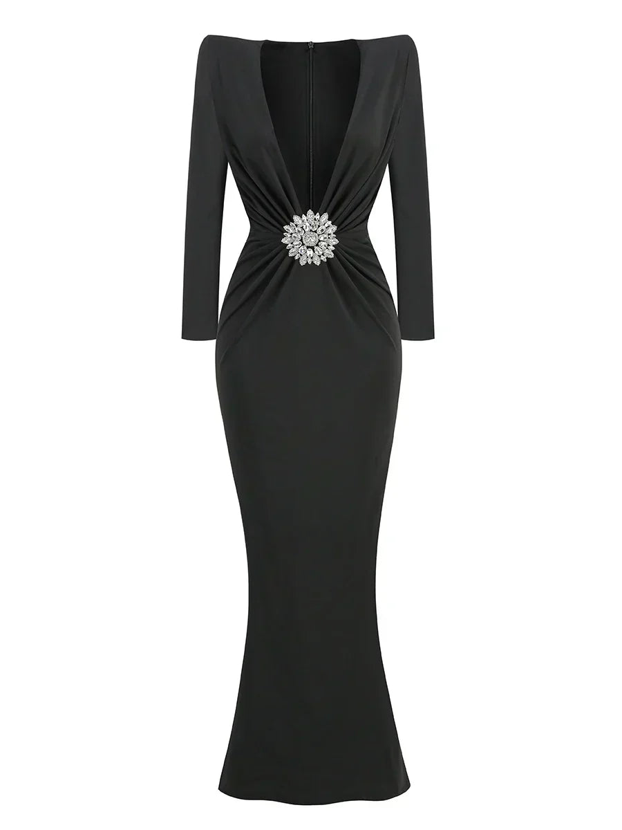 Rhinestone Deep V-Neck Long Sleeve Ruched Waist Column Maxi Gown - View 4