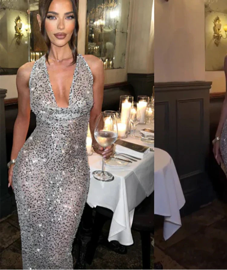 Sequin Halter Neck Deep V-Neck Backless Mermaid Maxi Dress - View 3