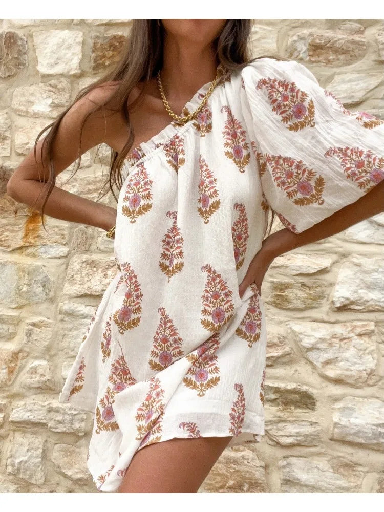 Floral Print One Shoulder Puff Sleeve Mini Dress