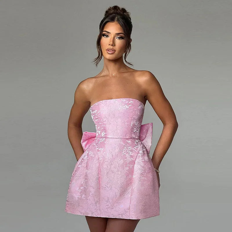 Bow Backless Jacquard A Line Mini Dress - View 9